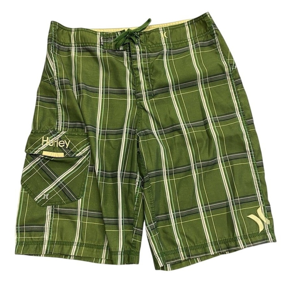 Hurley‎ Board Shorts Green Plaid Cargo Swim Trunks Skater Streetwear Mens 32